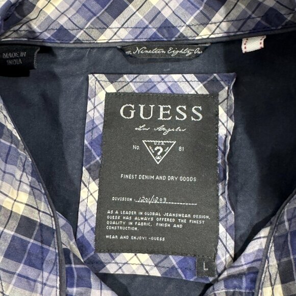 Guess Men Size L Blue White Black Plaid Western Shirt Pearl Snap Buttons No. 81 - Picture 4 of 10